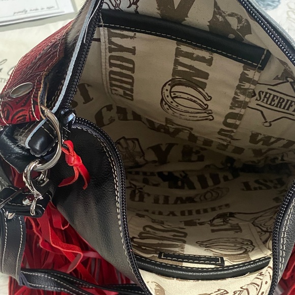 Holy Cow Couture Red and Black Fringe Shoulder/backpack Bag - Picture 10 of 11